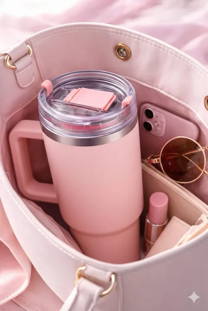 copo térmico grande 1.2L rosa com alça e canudo