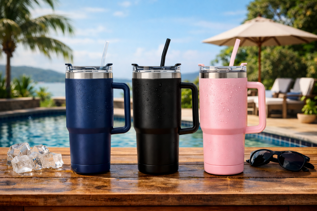 copos térmicos 1.2L com alça e canudo sobre mesa externa em ambiente de verão